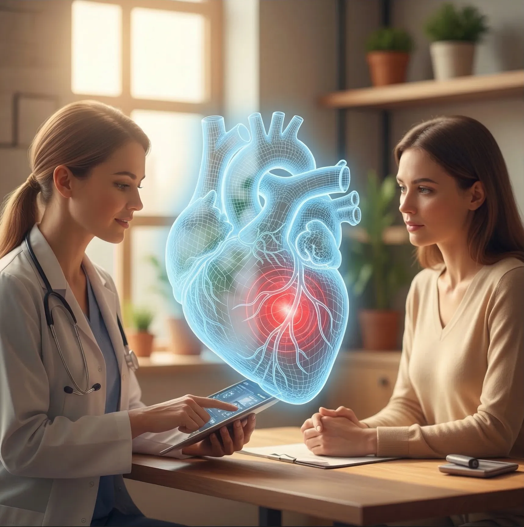 Ärztin erklärt Patientin holografisches Herz.