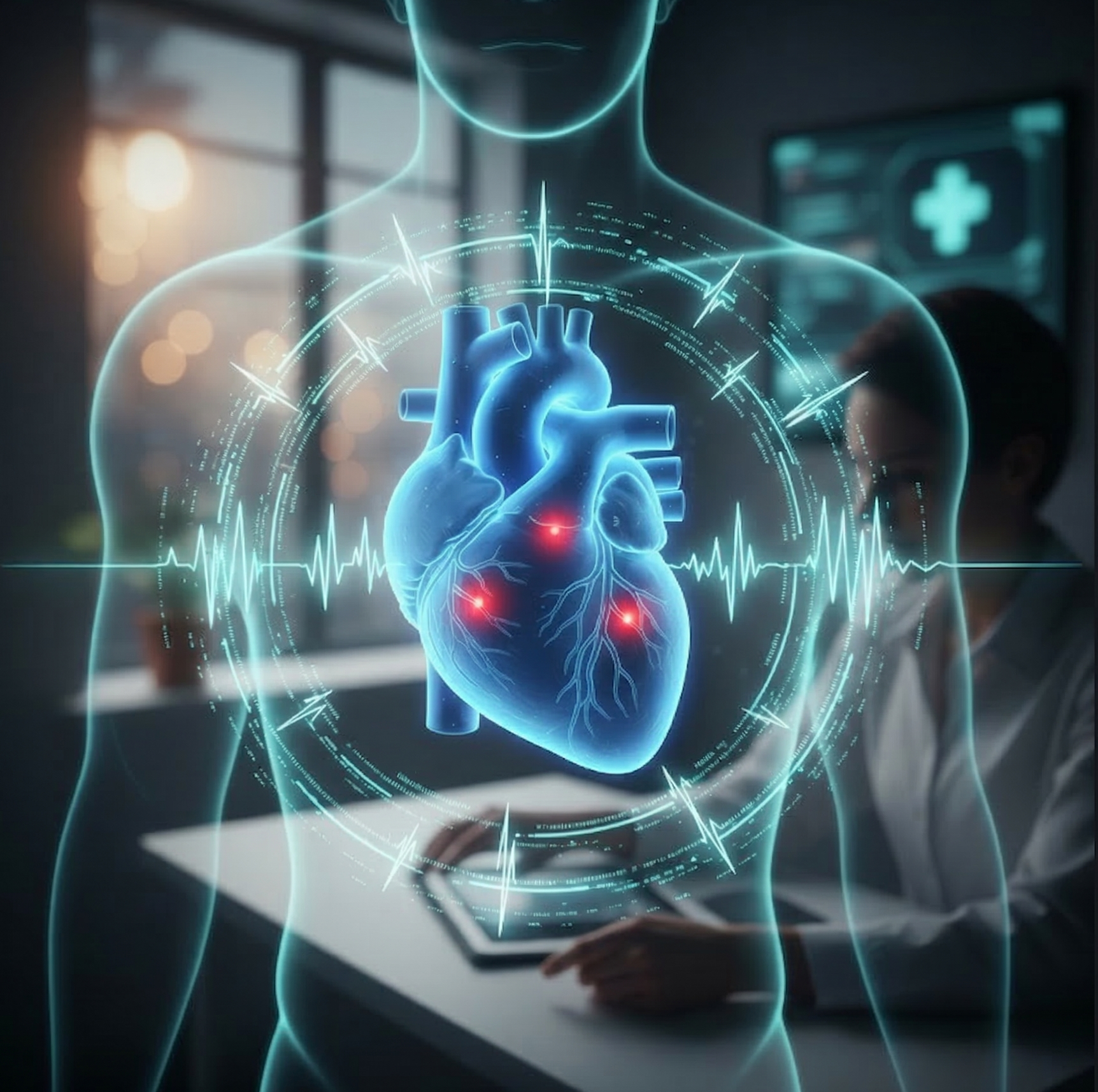 Ärztin prüft EKG an digitalem Herzen.